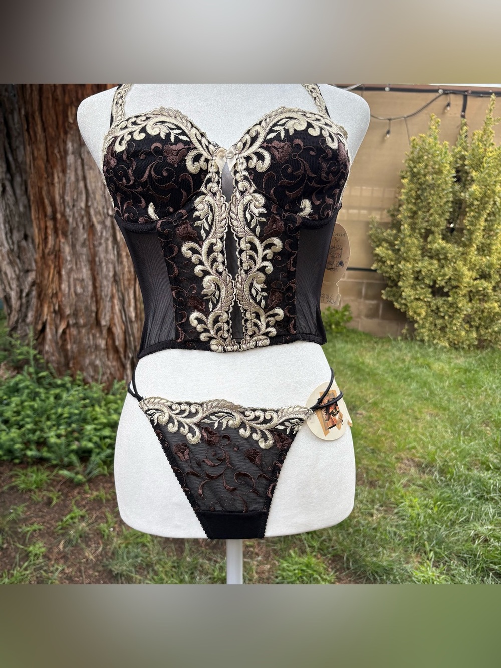Felina NWT Vintage Sheer Embroidered Lingerie Set – Corset Top & Thong